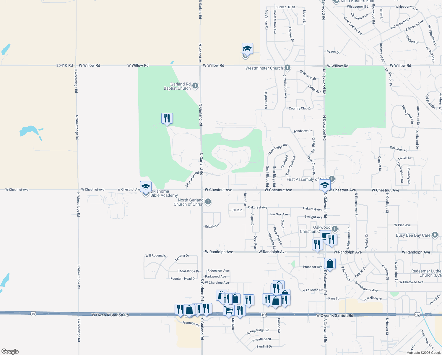 map of restaurants, bars, coffee shops, grocery stores, and more near 5107 Deerfield Ave in Enid
