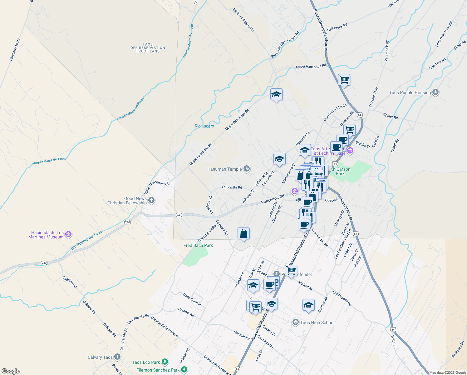 map of restaurants, bars, coffee shops, grocery stores, and more near La Lomita Road in Taos