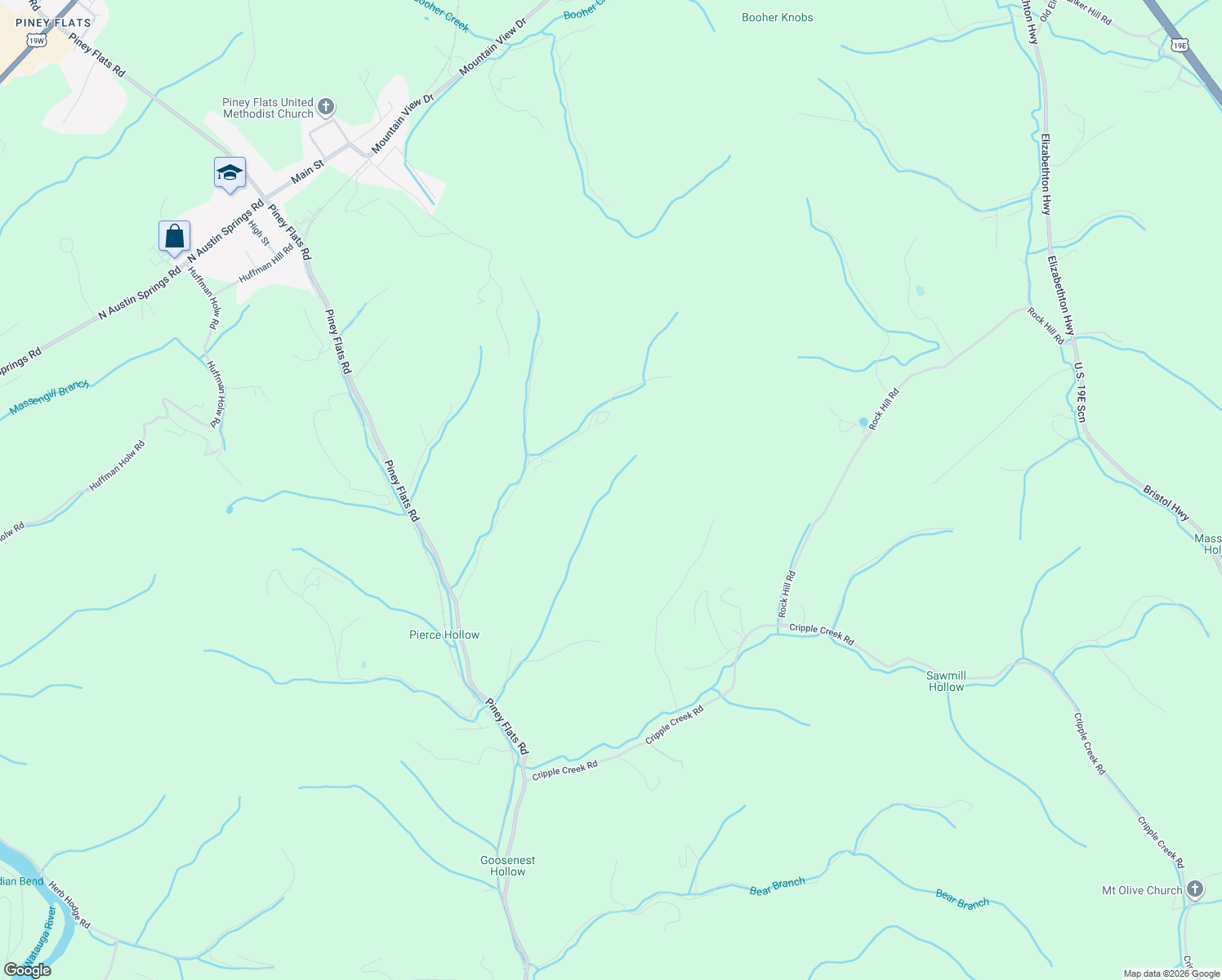 map of restaurants, bars, coffee shops, grocery stores, and more near 1135 Piney Flats Road in Watauga