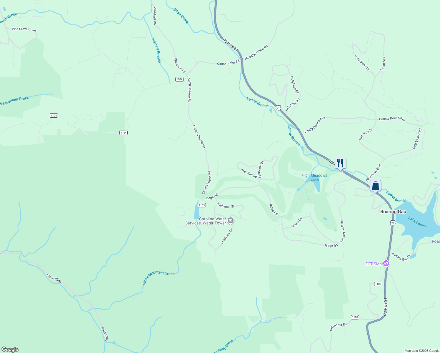 map of restaurants, bars, coffee shops, grocery stores, and more near 377 Deer Run Road in Glade Valley