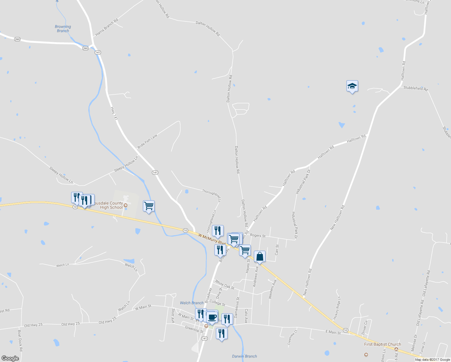 map of restaurants, bars, coffee shops, grocery stores, and more near 310 Dalton Hollow Road in Hartsville