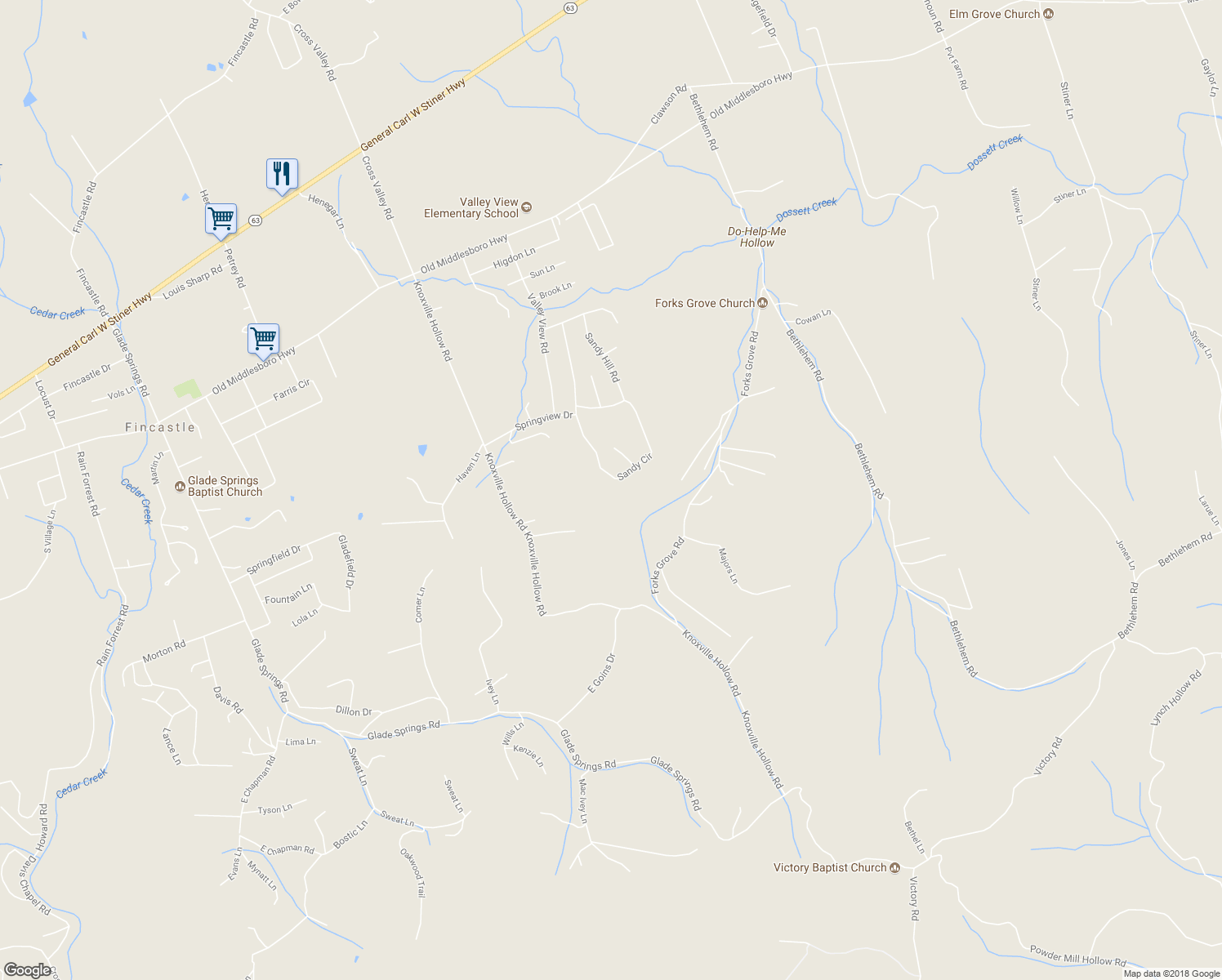map of restaurants, bars, coffee shops, grocery stores, and more near 709 Sandy Circle in LaFollette