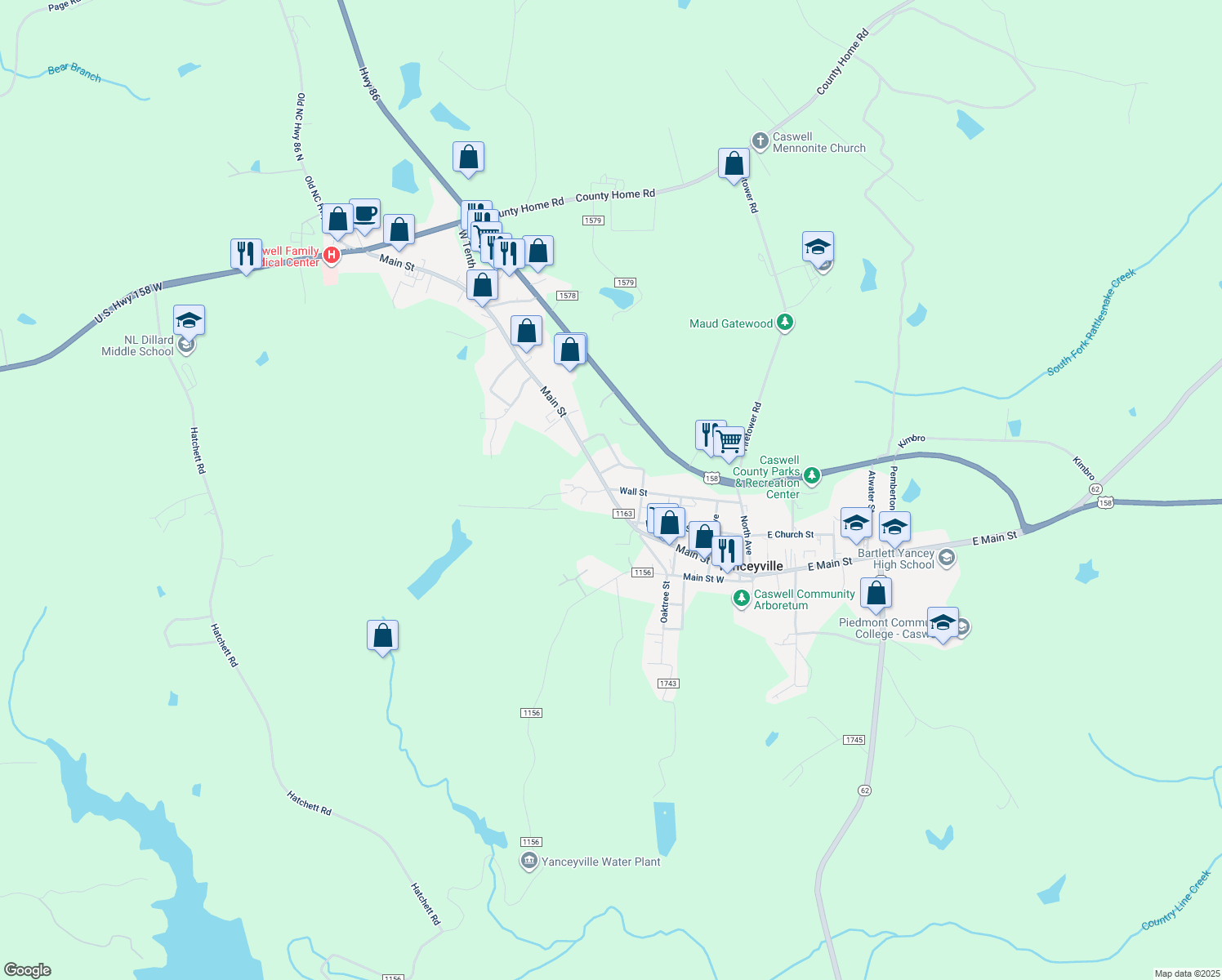 map of restaurants, bars, coffee shops, grocery stores, and more near 490 Wall Street in Yanceyville