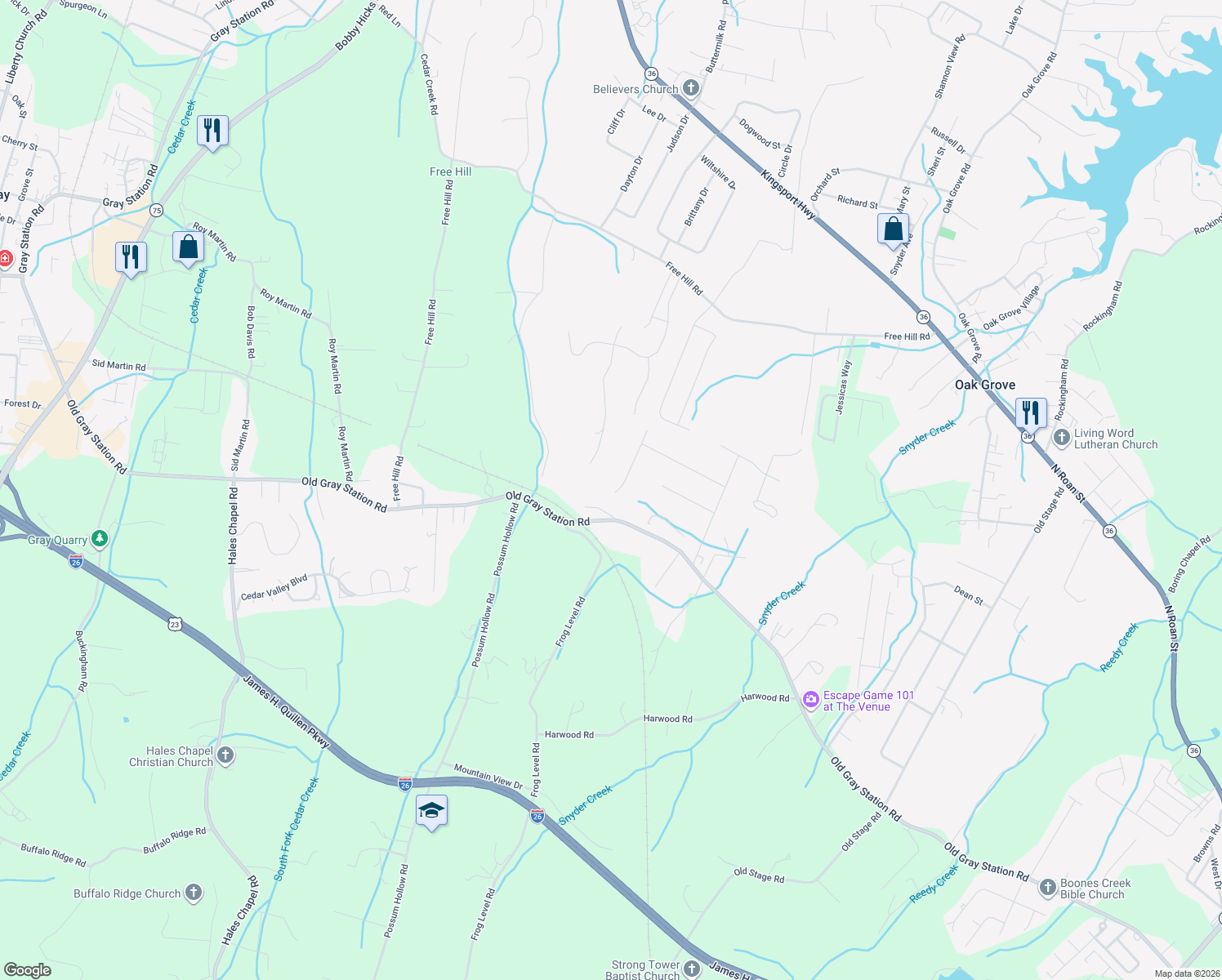 map of restaurants, bars, coffee shops, grocery stores, and more near 1187 Cliffview Circle in Gray