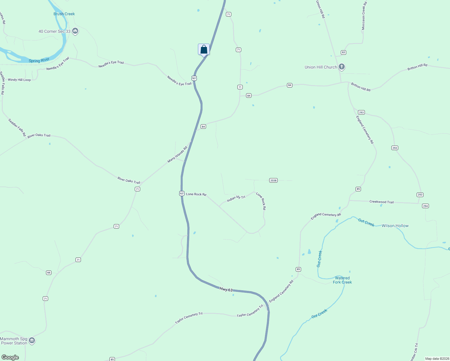 map of restaurants, bars, coffee shops, grocery stores, and more near County Road 2038 in Mammoth Spring