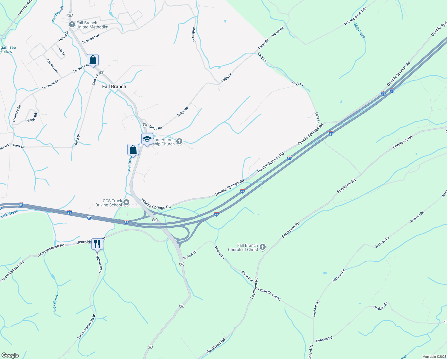 map of restaurants, bars, coffee shops, grocery stores, and more near 236 Double Springs Road in Fall Branch