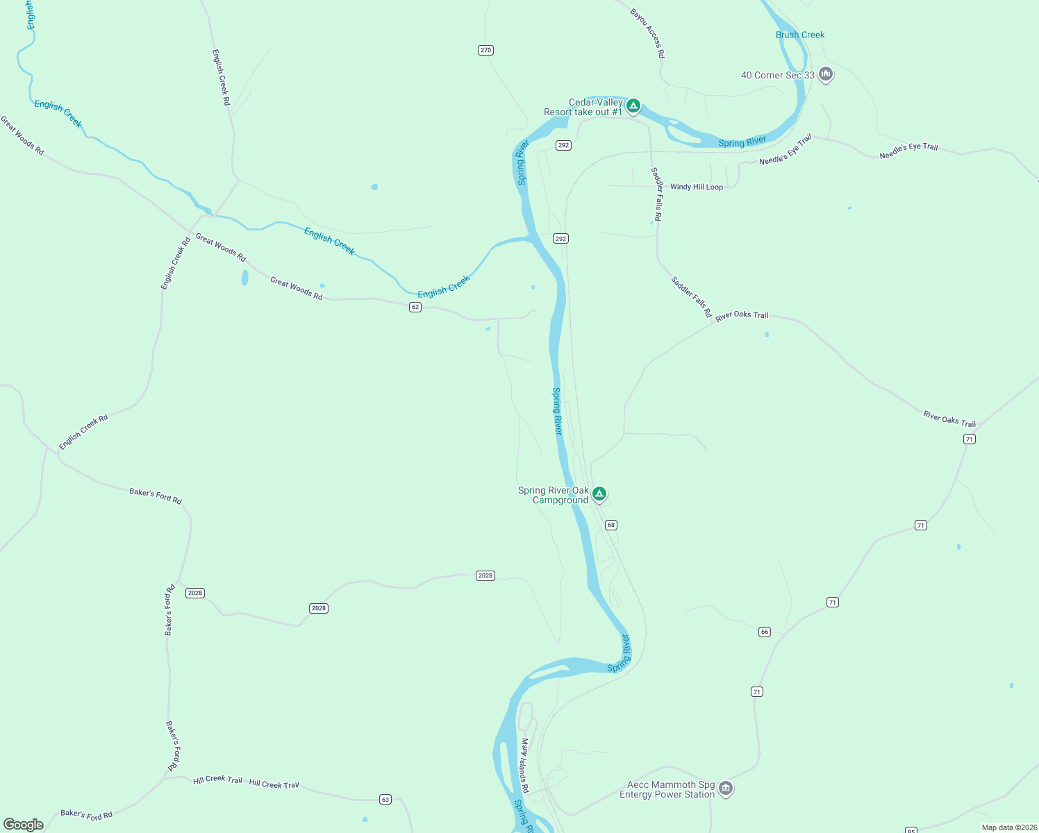 map of restaurants, bars, coffee shops, grocery stores, and more near 3078 Great Woods Road in Mammoth Spring