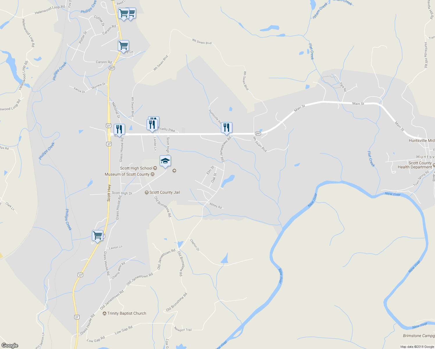 map of restaurants, bars, coffee shops, grocery stores, and more near 151 Oak Street in Helenwood