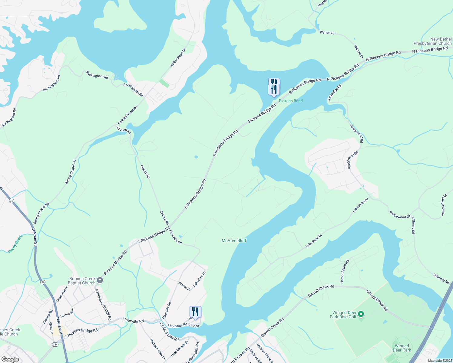 map of restaurants, bars, coffee shops, grocery stores, and more near 122 Lake Meadow Drive in Gray