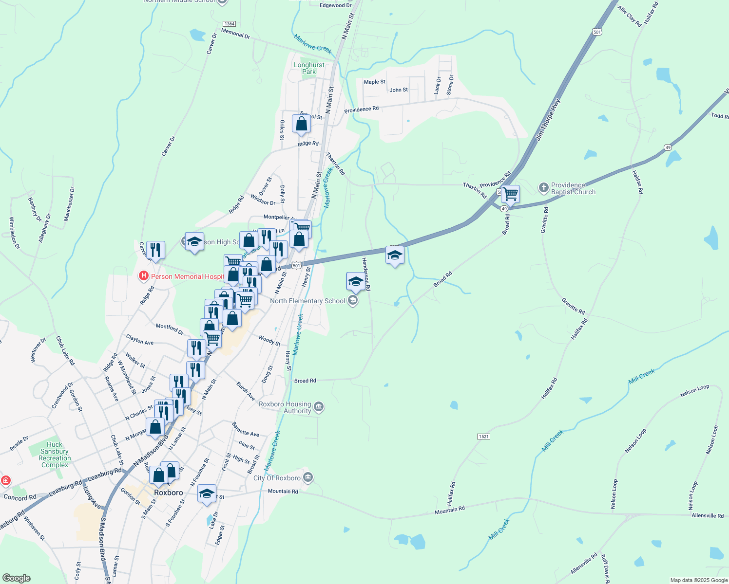 map of restaurants, bars, coffee shops, grocery stores, and more near 190 Henderson Road in Roxboro
