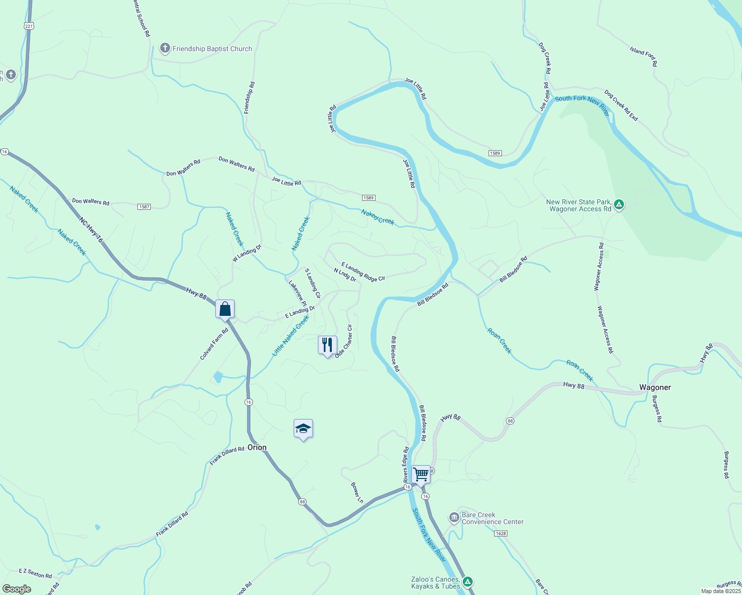map of restaurants, bars, coffee shops, grocery stores, and more near 118 North Landing Dr in Jefferson