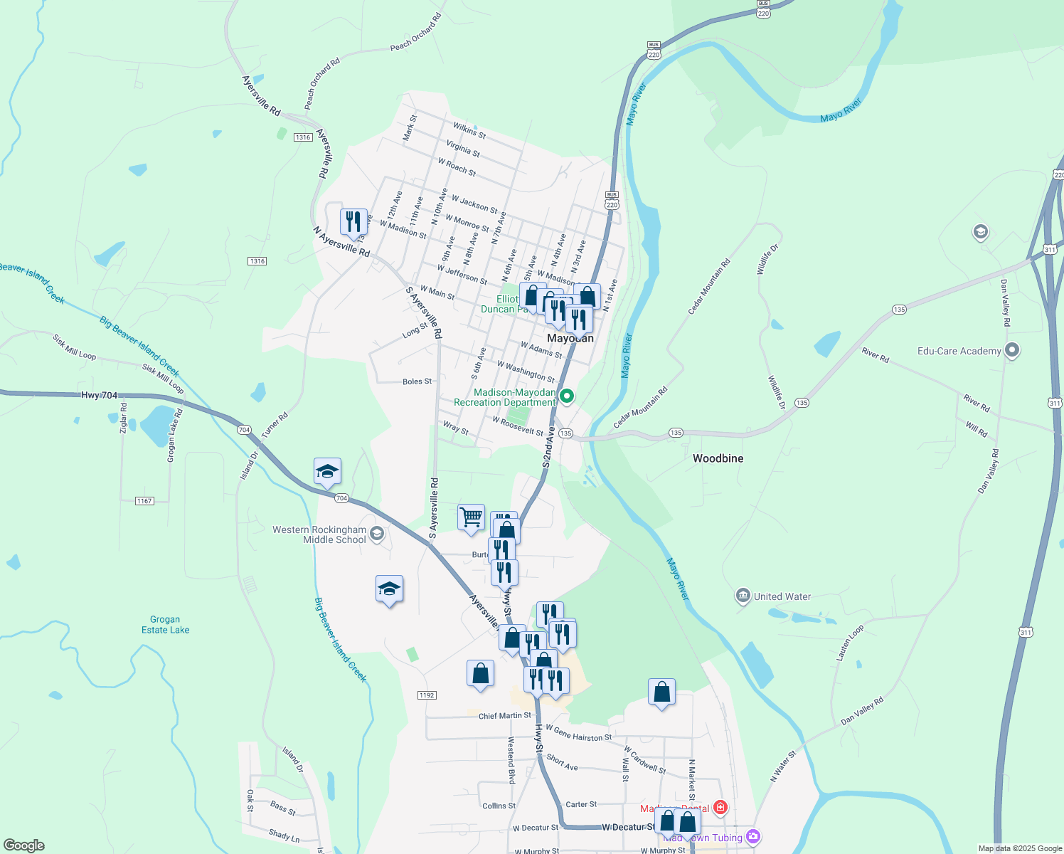map of restaurants, bars, coffee shops, grocery stores, and more near 103 W Roosevelt St in Mayodan