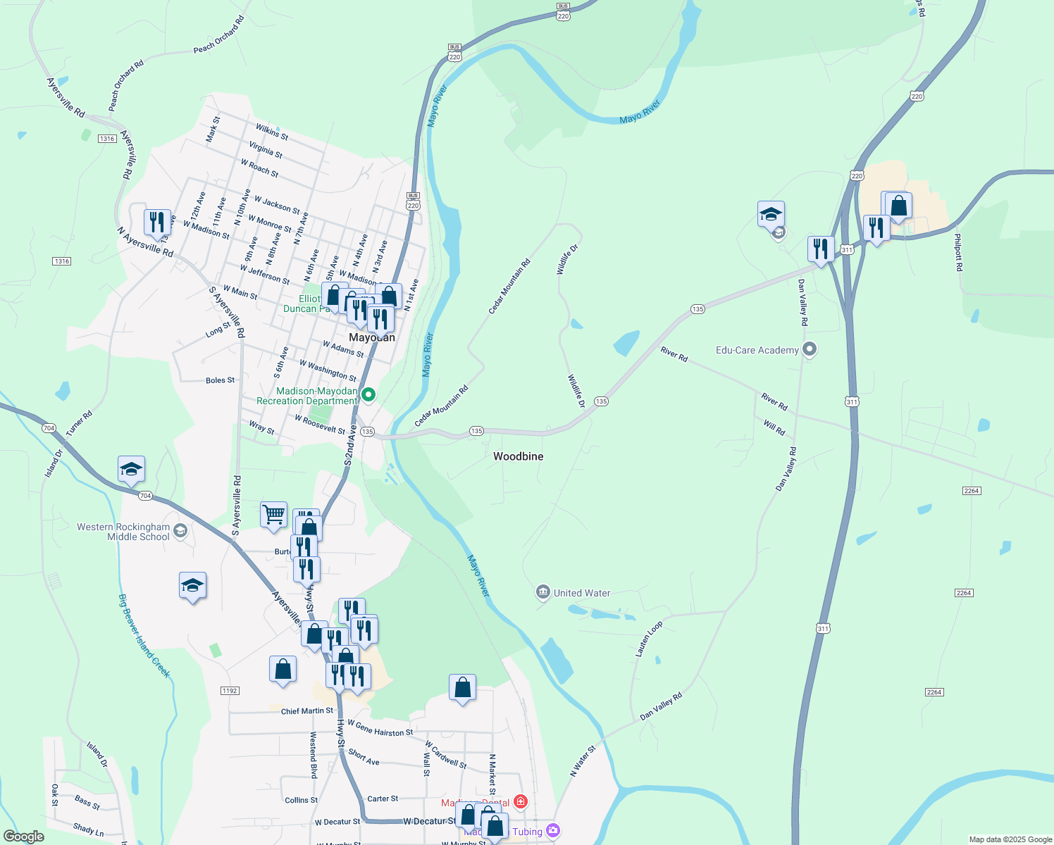 map of restaurants, bars, coffee shops, grocery stores, and more near 7473 North Carolina 135 in Mayodan