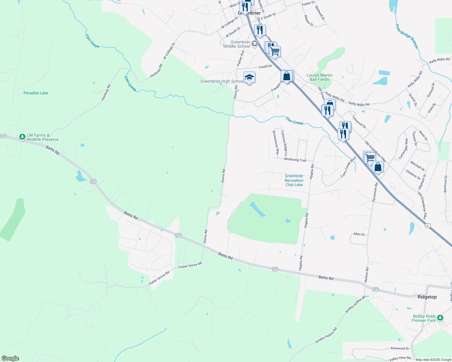 map of restaurants, bars, coffee shops, grocery stores, and more near 2015 Dorris Rd in Greenbrier