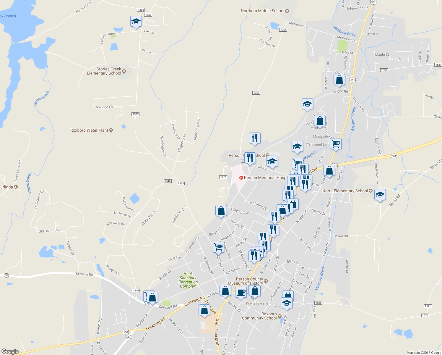 map of restaurants, bars, coffee shops, grocery stores, and more near 384 Tanglewood Circle in Roxboro
