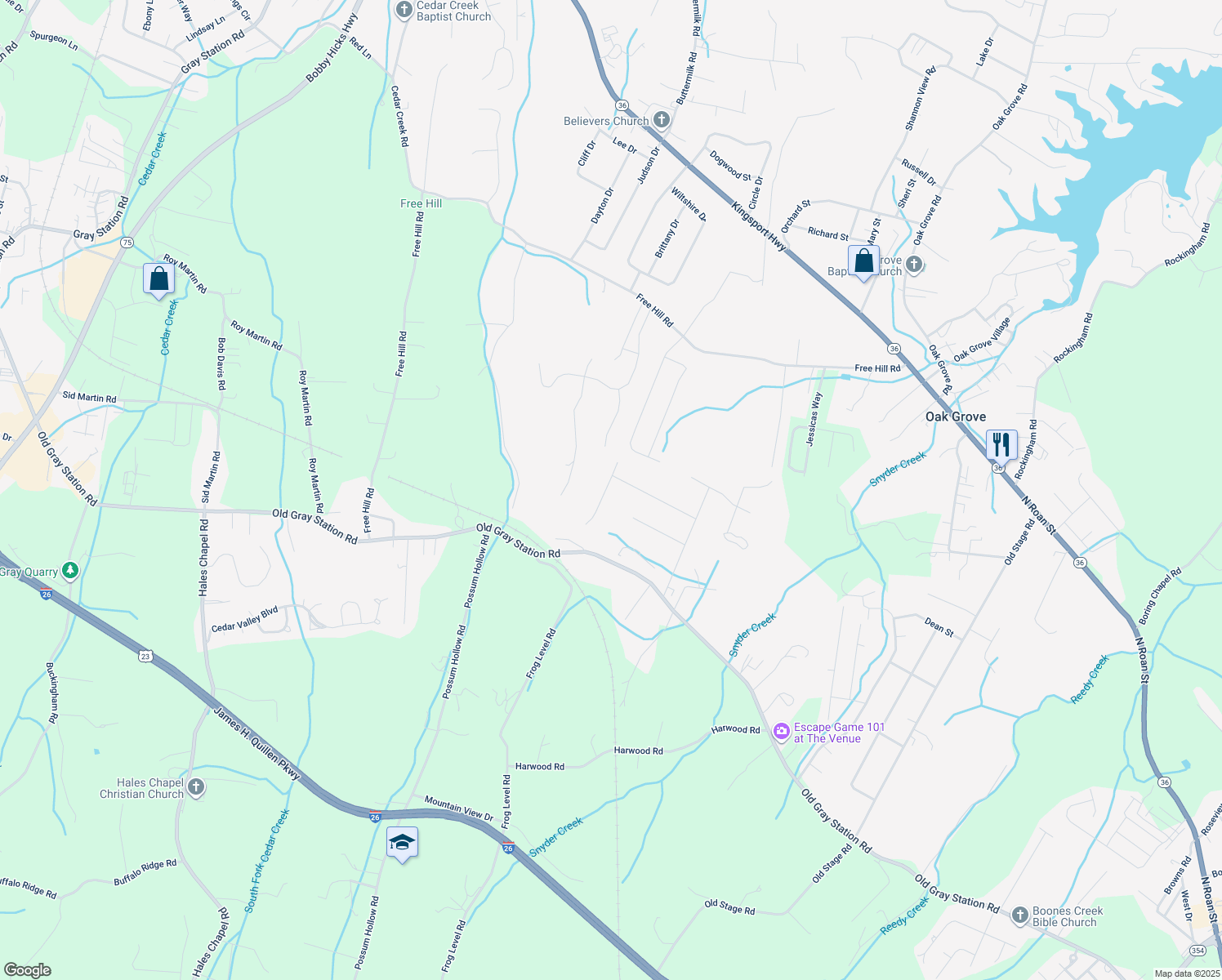map of restaurants, bars, coffee shops, grocery stores, and more near 100 Hillrise Road in Gray