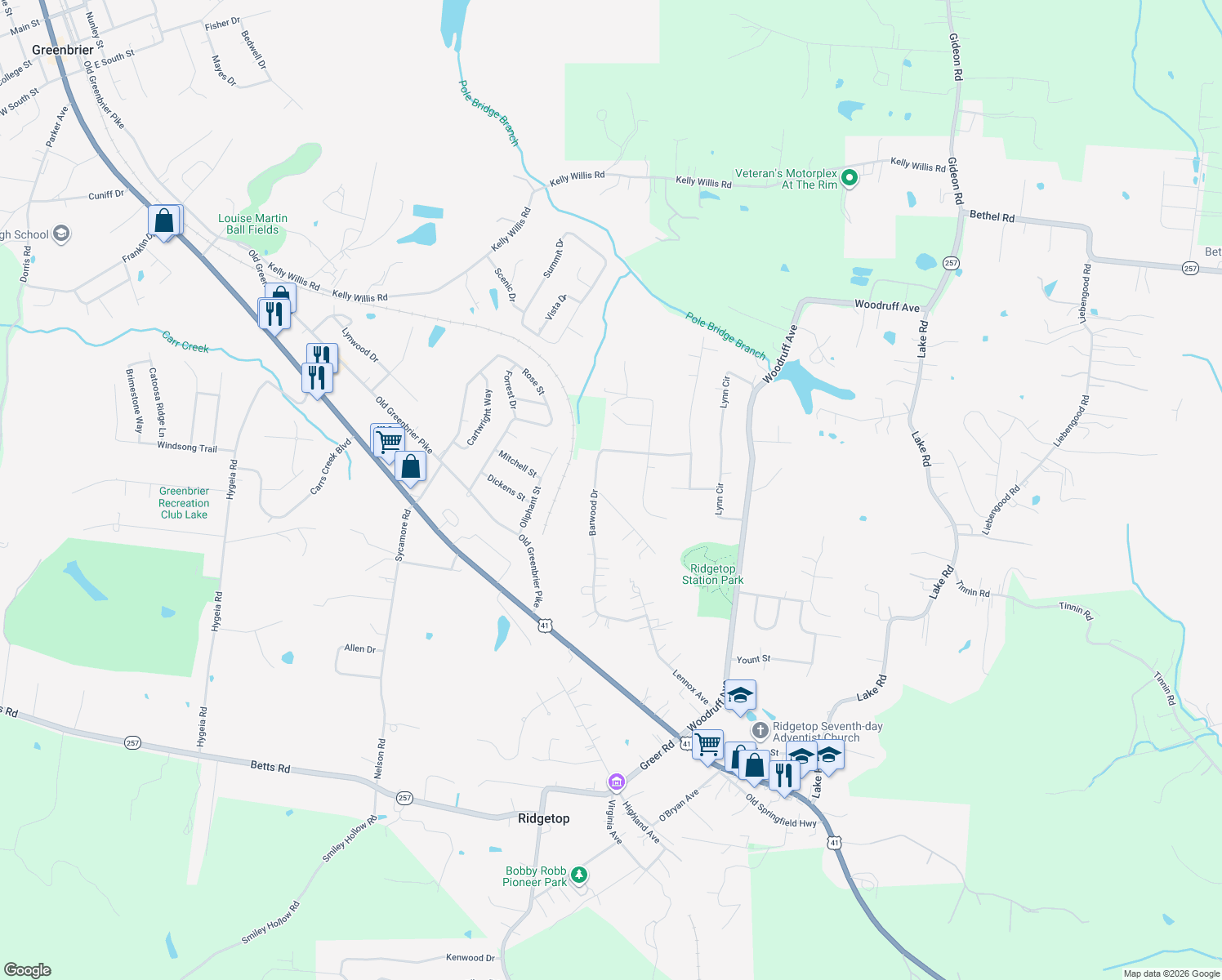 map of restaurants, bars, coffee shops, grocery stores, and more near 2539 Barwood Drive in Greenbrier