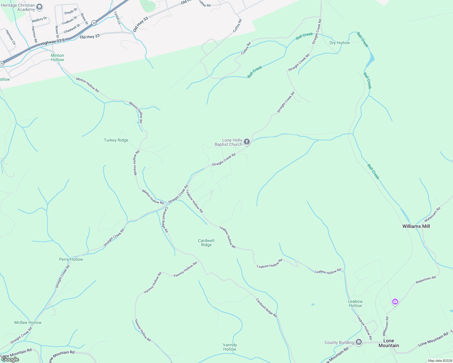 map of restaurants, bars, coffee shops, grocery stores, and more near 223 Lone Holly Lane in New Tazewell