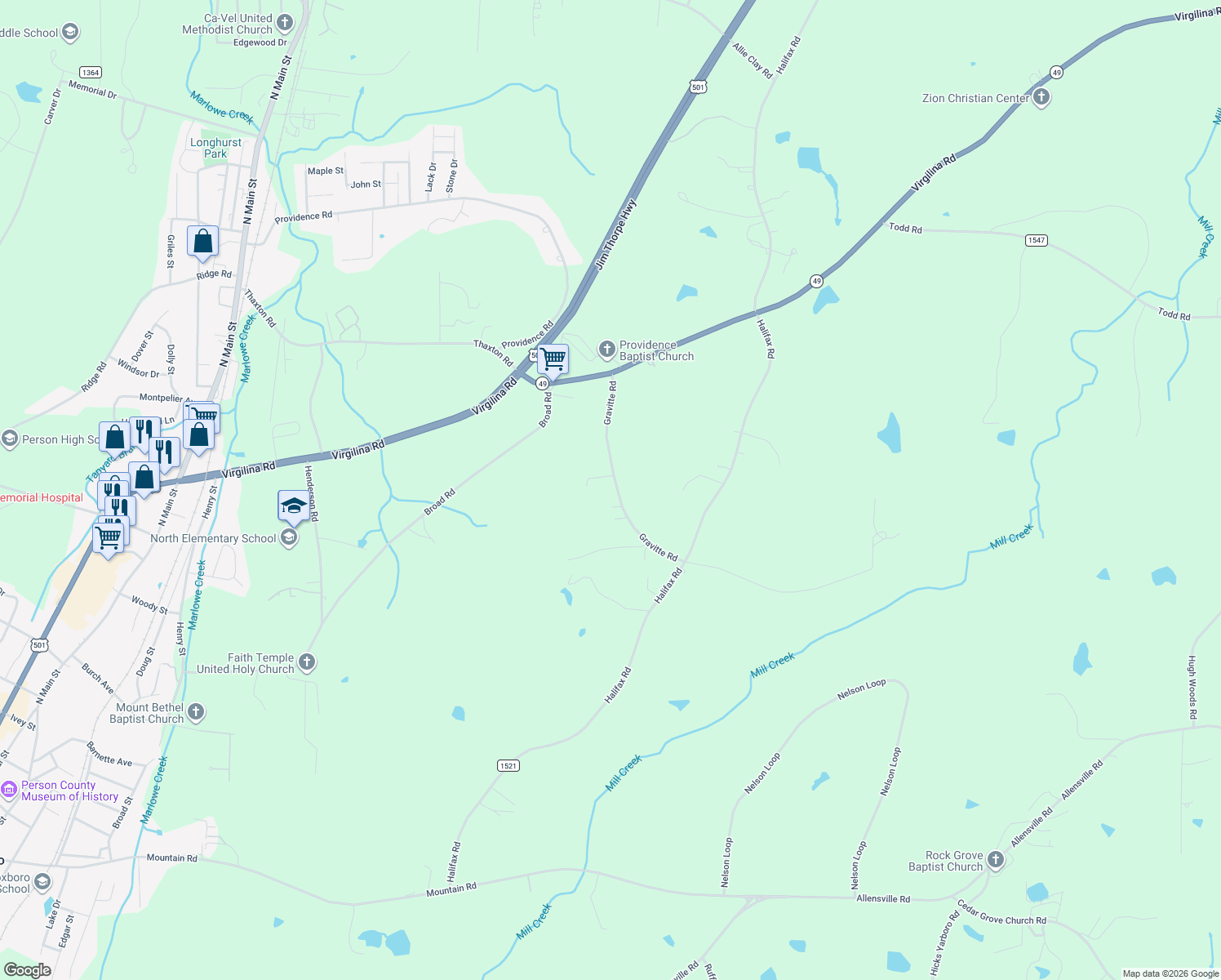 map of restaurants, bars, coffee shops, grocery stores, and more near 338 Gravitte Rd in Roxboro