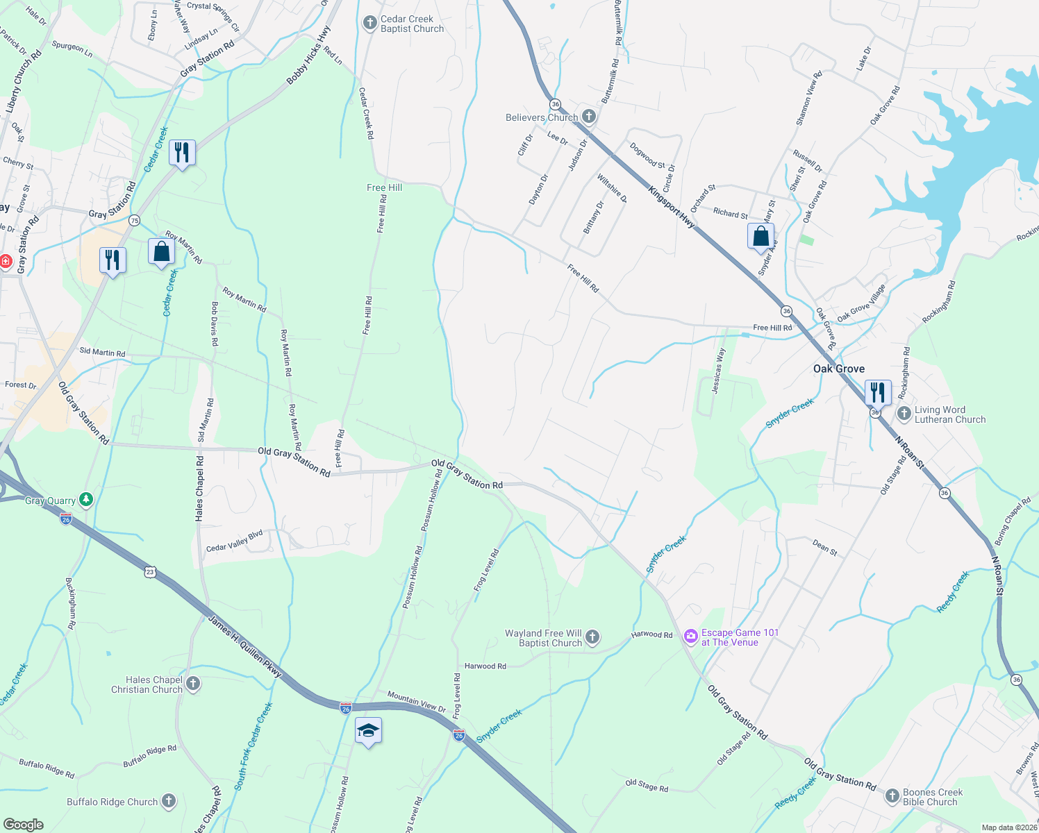 map of restaurants, bars, coffee shops, grocery stores, and more near 1169 Cliffview Cir in Gray