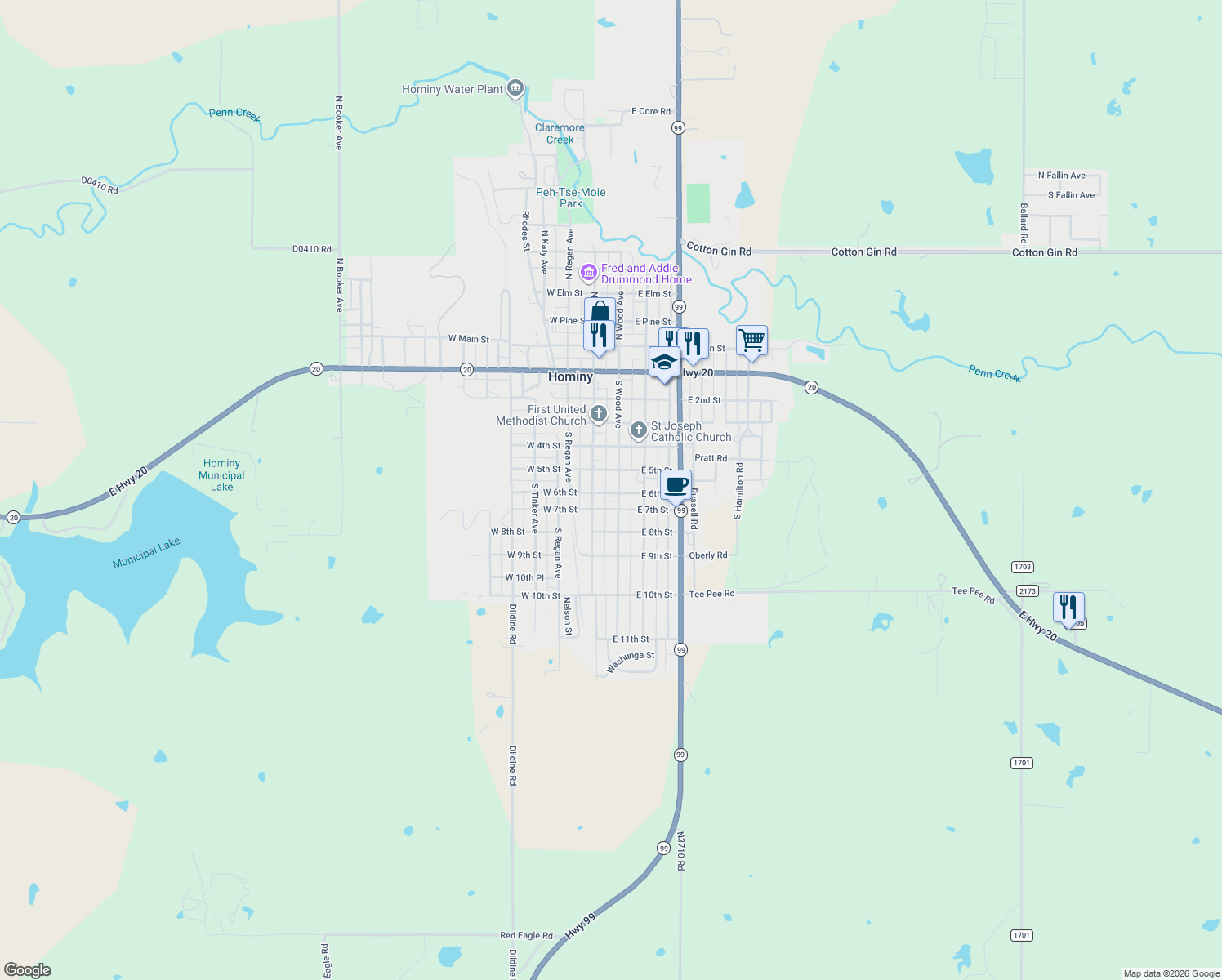 map of restaurants, bars, coffee shops, grocery stores, and more near 623 S Wood Ave in Hominy