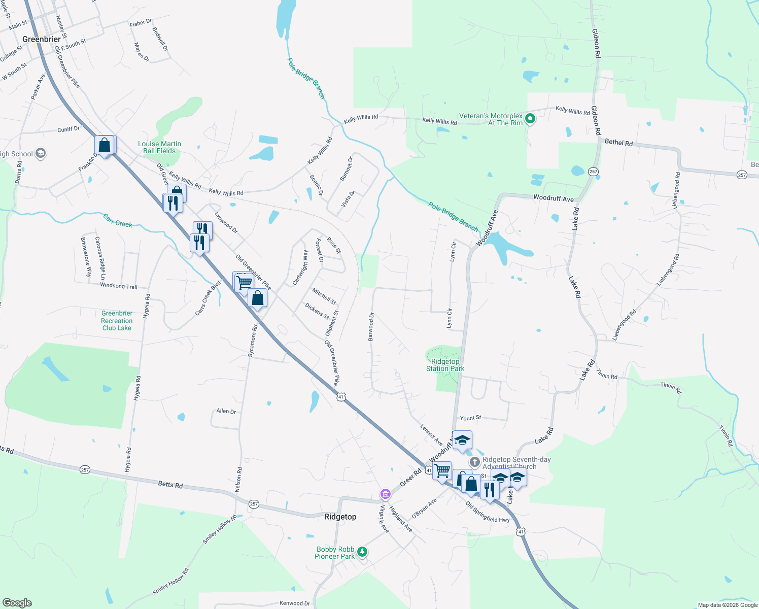map of restaurants, bars, coffee shops, grocery stores, and more near 2539 Barwood Drive in Greenbrier