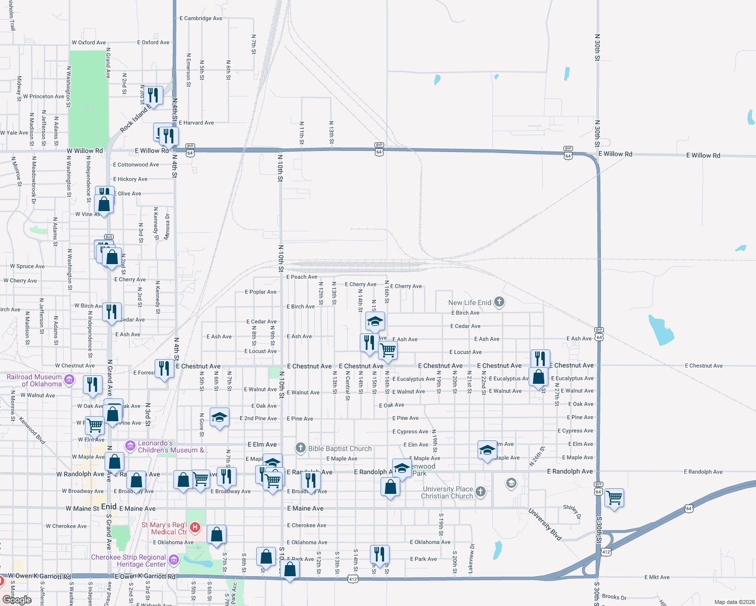 map of restaurants, bars, coffee shops, grocery stores, and more near 1313 North 15th Street in Enid