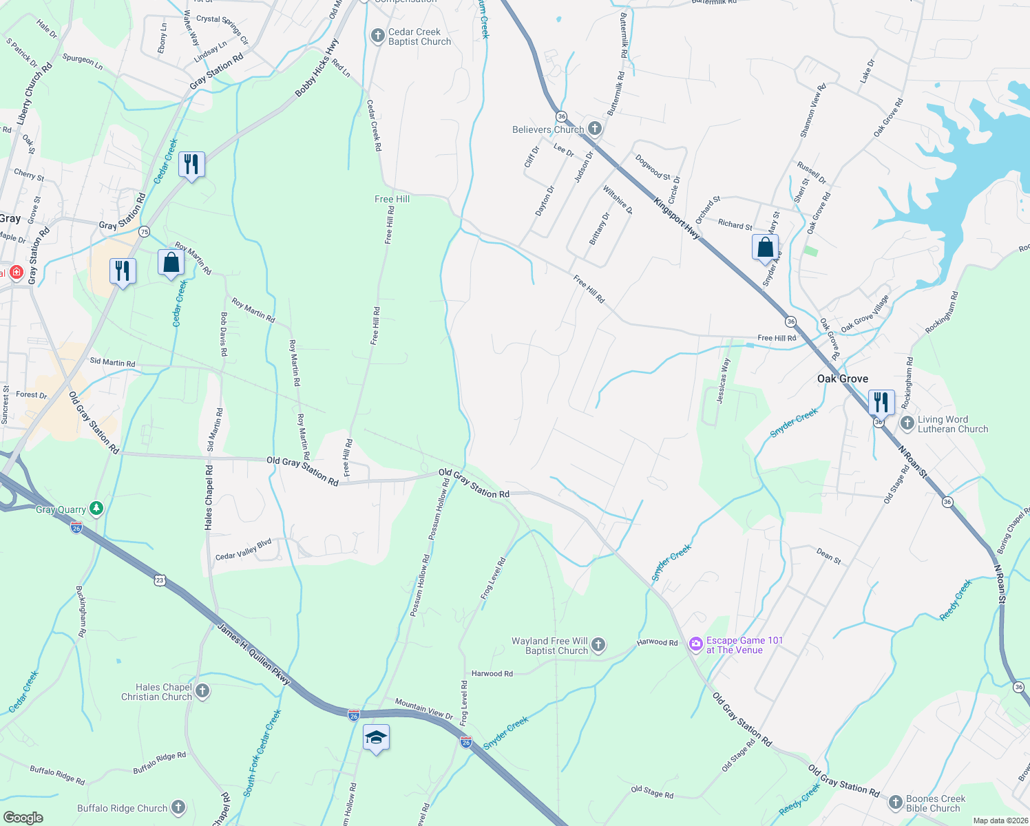 map of restaurants, bars, coffee shops, grocery stores, and more near 1169 Cliffview Circle in Gray