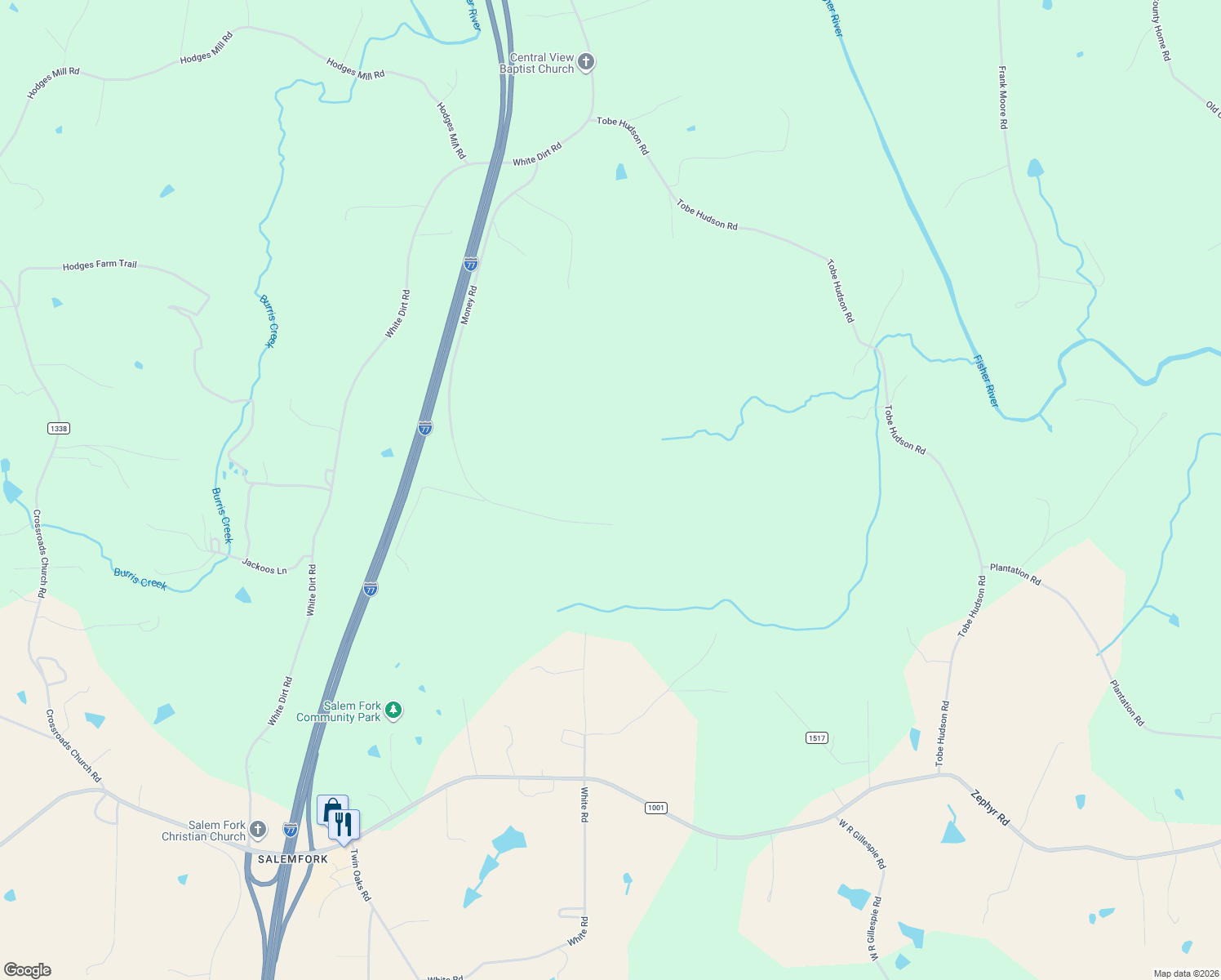 map of restaurants, bars, coffee shops, grocery stores, and more near 829 Money Road in Dobson