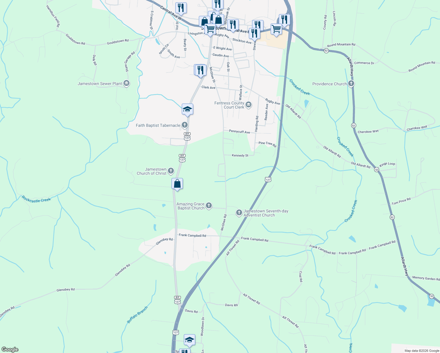 map of restaurants, bars, coffee shops, grocery stores, and more near 1014 Kennedy Road in Jamestown