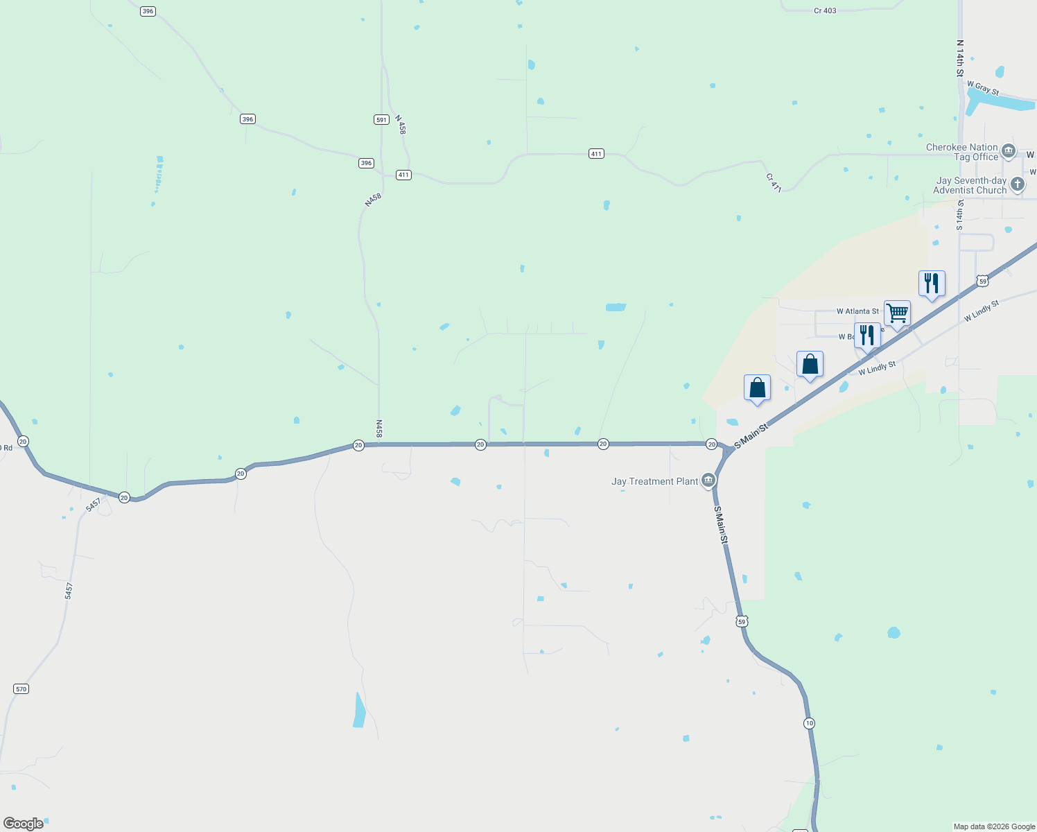 map of restaurants, bars, coffee shops, grocery stores, and more near 41885 South 585 Road in Jay