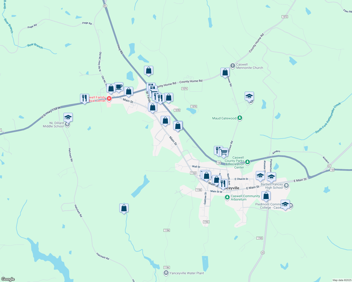 map of restaurants, bars, coffee shops, grocery stores, and more near 866 Main Street in Yanceyville