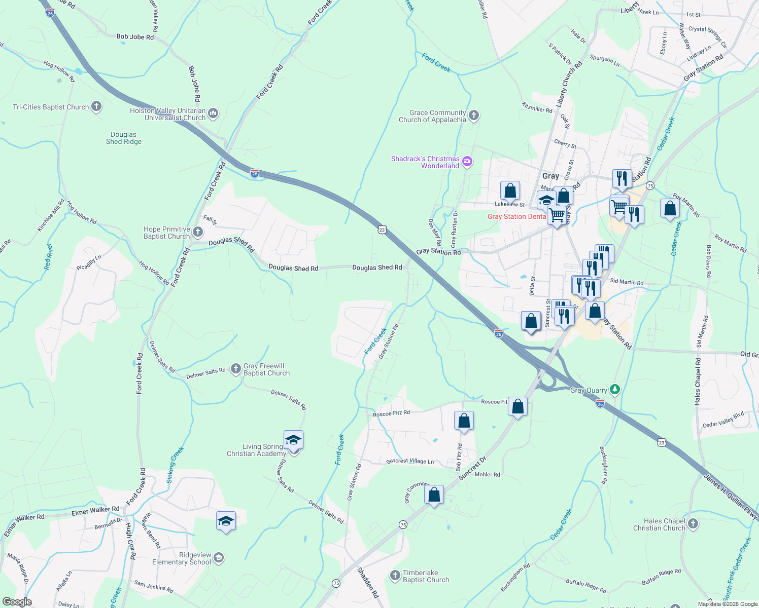 map of restaurants, bars, coffee shops, grocery stores, and more near 289 Ridgeview Dr in Gray