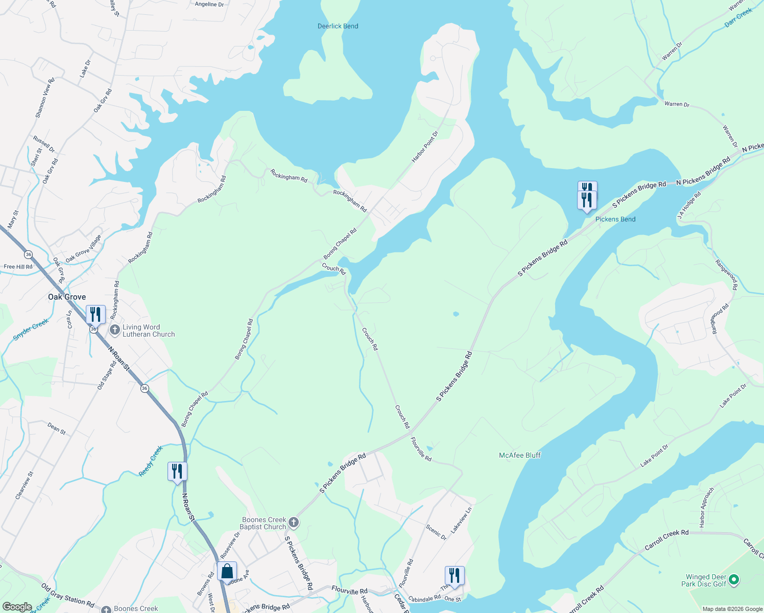 map of restaurants, bars, coffee shops, grocery stores, and more near 908 Katies Way in Johnson City