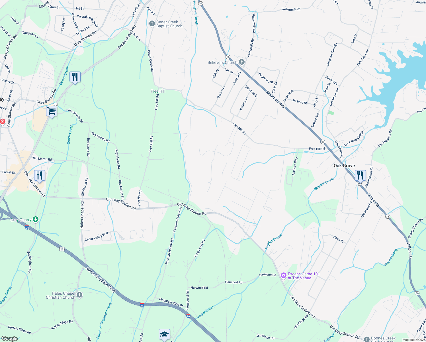 map of restaurants, bars, coffee shops, grocery stores, and more near 1139 Cliffview Circle in Gray