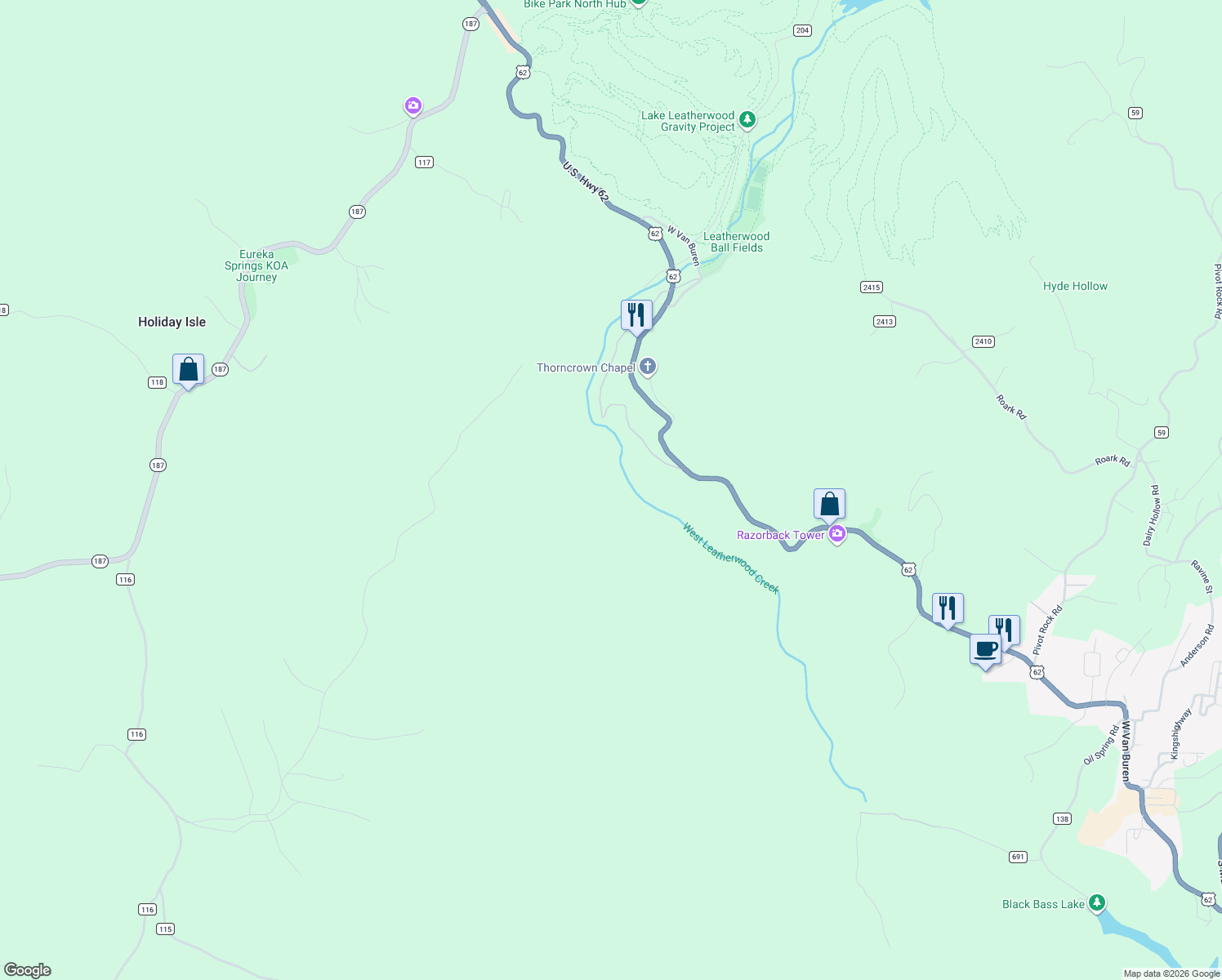 map of restaurants, bars, coffee shops, grocery stores, and more near in Eureka Springs