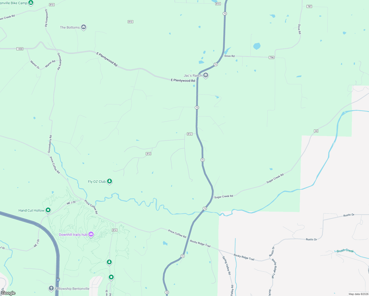 map of restaurants, bars, coffee shops, grocery stores, and more near 9845 River Oaks Drive in Bentonville