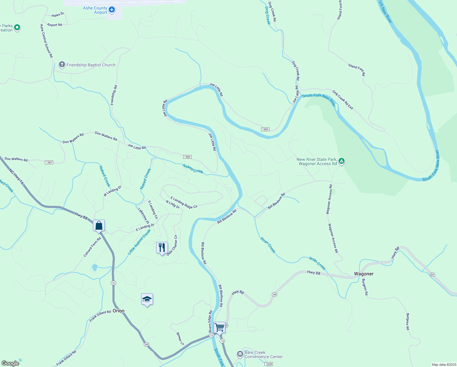 map of restaurants, bars, coffee shops, grocery stores, and more near 239 Naked Creek Drive in Jefferson