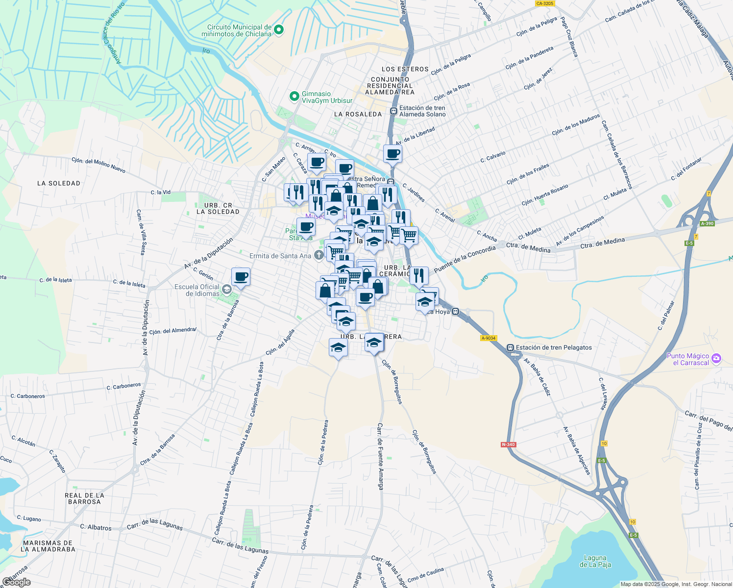 map of restaurants, bars, coffee shops, grocery stores, and more near 49 Carretera de Fuente Amarga in Chiclana de la Frontera