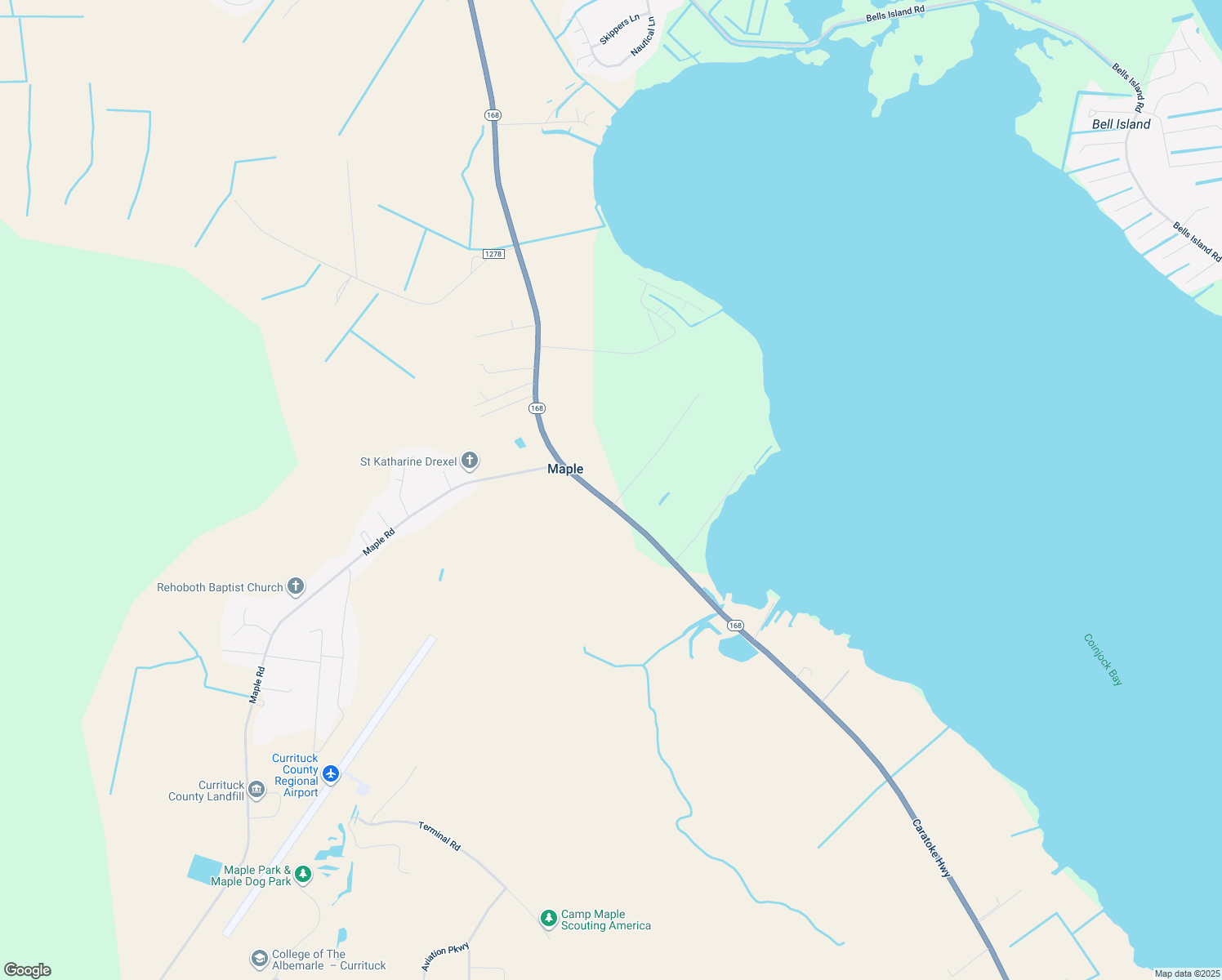 map of restaurants, bars, coffee shops, grocery stores, and more near 3479 Caratoke Highway in Maple