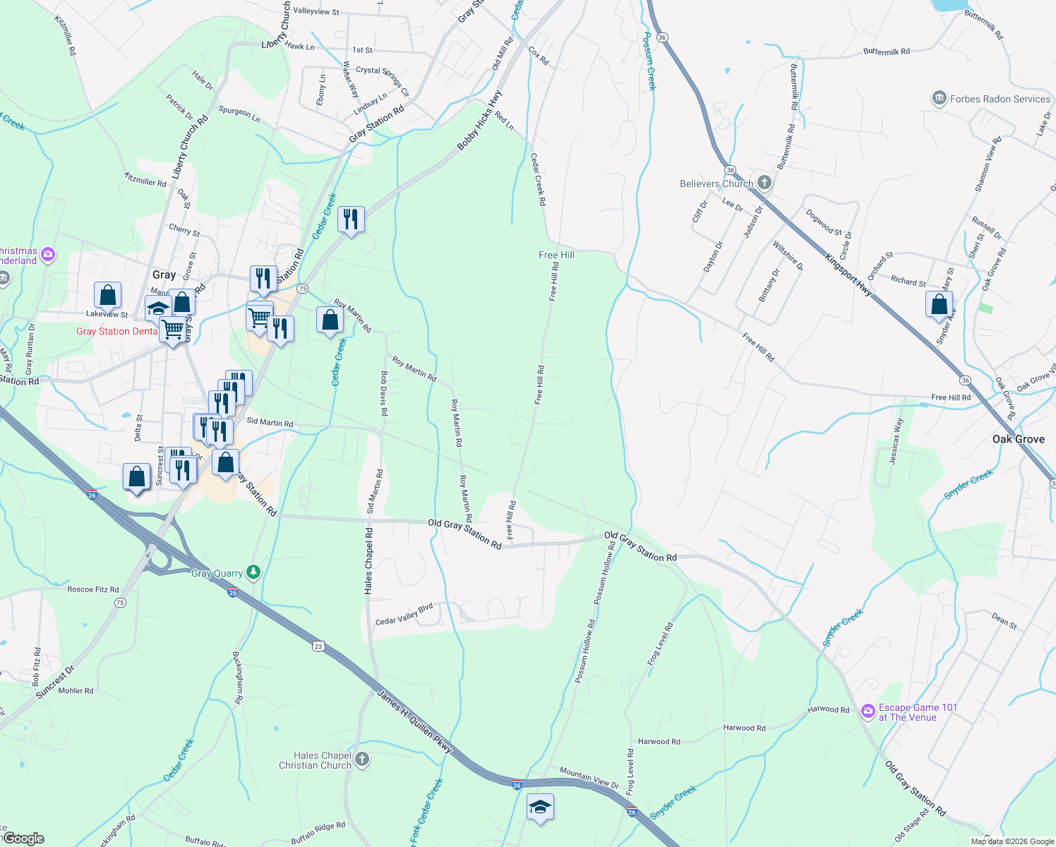map of restaurants, bars, coffee shops, grocery stores, and more near 193 Free Hill Road in Gray