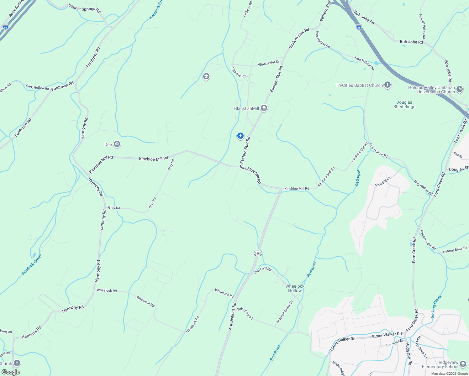 map of restaurants, bars, coffee shops, grocery stores, and more near 132 Holly Hills Road in Jonesborough