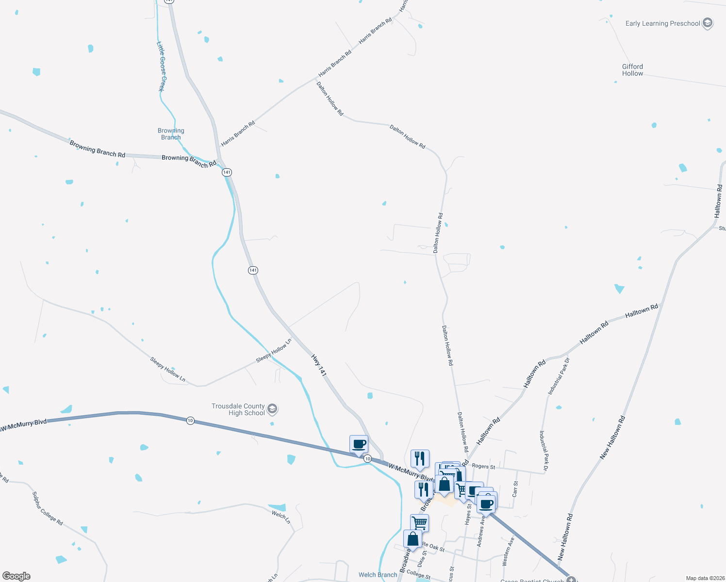 map of restaurants, bars, coffee shops, grocery stores, and more near 405 Bridle Path Lane in Hartsville
