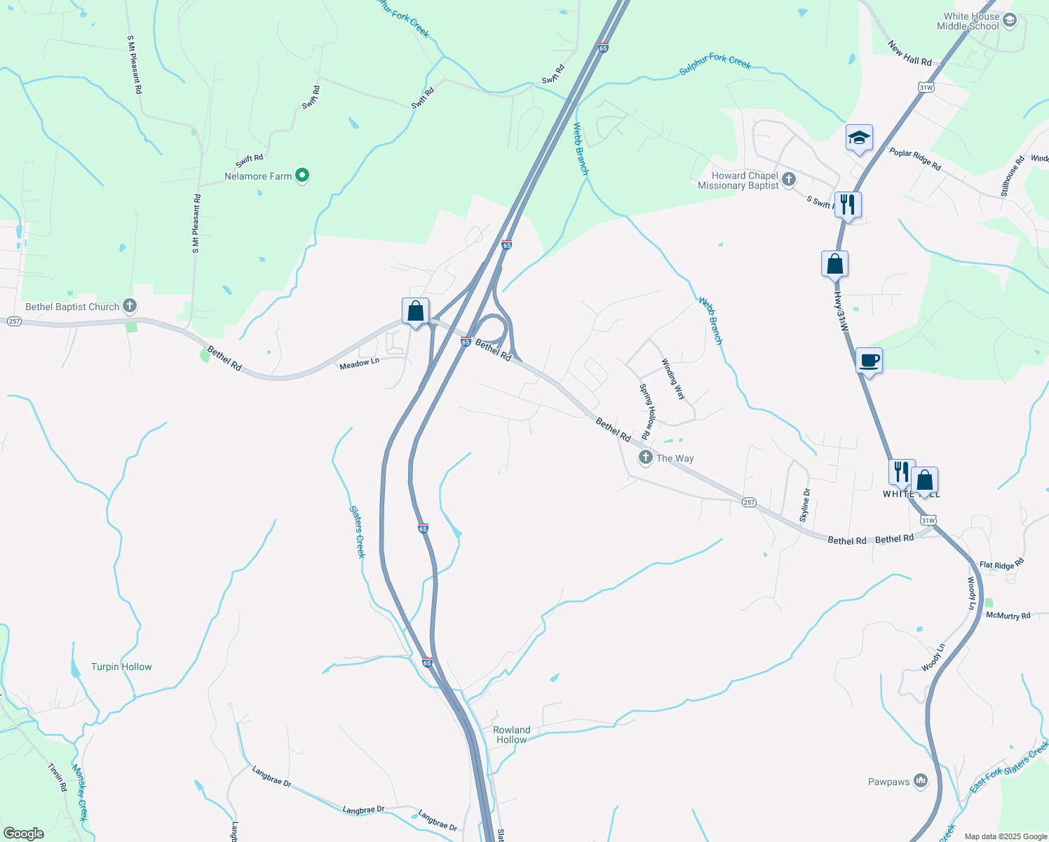 map of restaurants, bars, coffee shops, grocery stores, and more near 2052 Wilson Lane in Goodlettsville