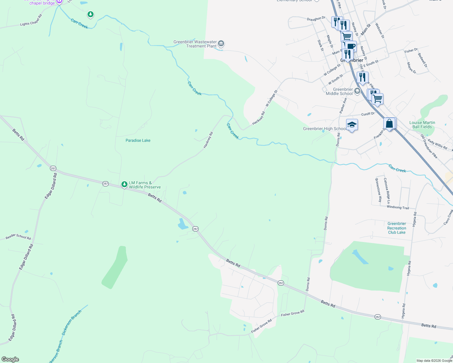 map of restaurants, bars, coffee shops, grocery stores, and more near 5262 Betts Road in Greenbrier