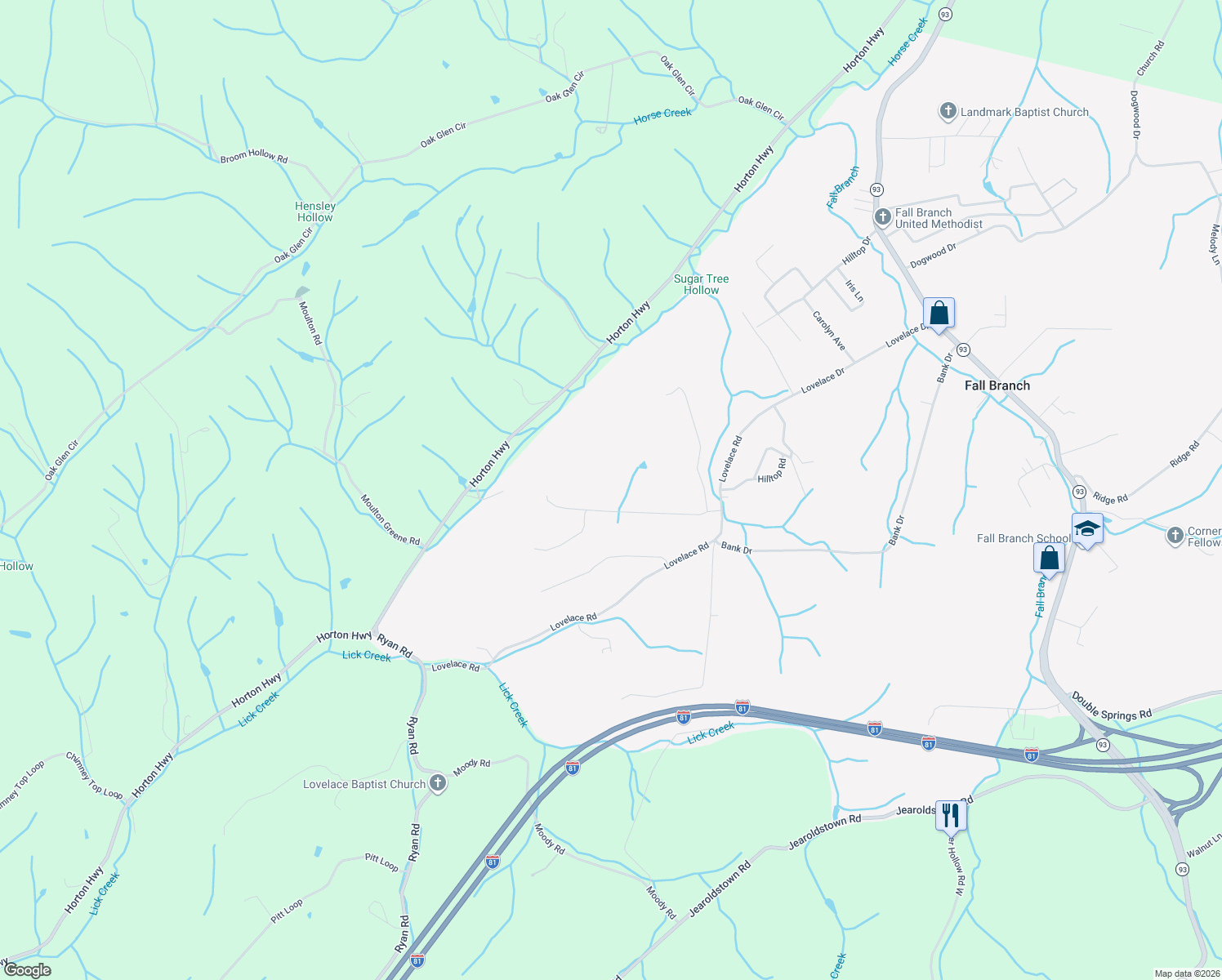 map of restaurants, bars, coffee shops, grocery stores, and more near 330 Spring Ln in Fall Branch