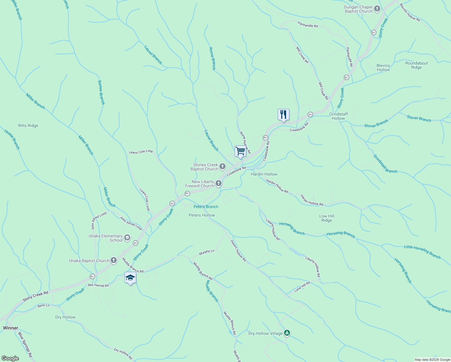 map of restaurants, bars, coffee shops, grocery stores, and more near 106 Creekbank Rd in Elizabethton