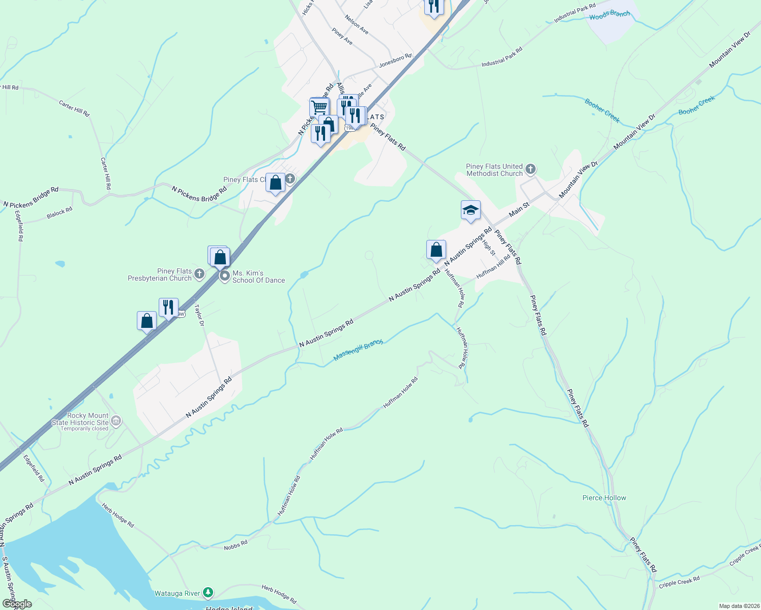 map of restaurants, bars, coffee shops, grocery stores, and more near 521 North Austin Springs Road in Piney Flats