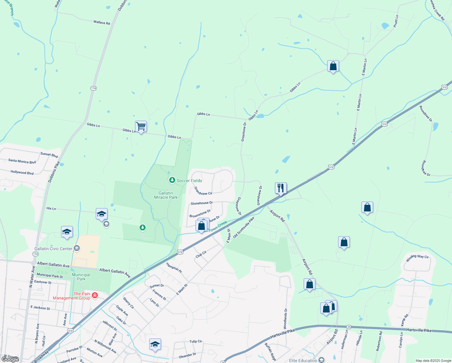 map of restaurants, bars, coffee shops, grocery stores, and more near 120 Miller's Point in Gallatin