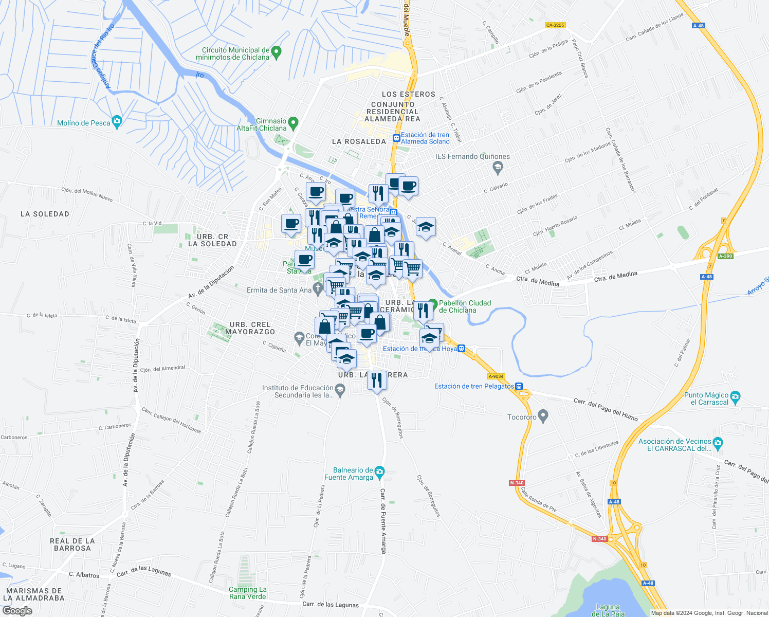 map of restaurants, bars, coffee shops, grocery stores, and more near 10 Calle Larra in Chiclana de la Frontera